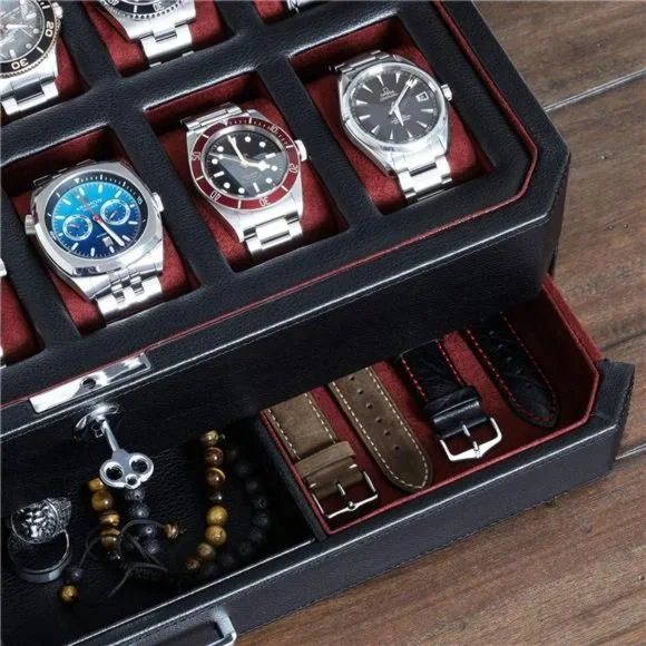 12 Slot Leather Watch Box with Valet Drawer - 12 Slot Luxury Watch Case Display - Picture 2 of 6